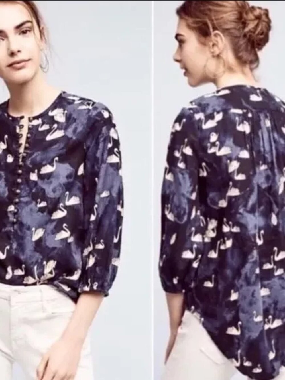 Anthropologie | Maeve Bethesda Swan Flannel Top Navy Blue Button Blouse